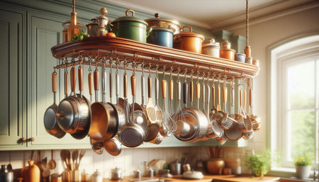 Kitchen interior with lots of pots and pans. 3d rendering