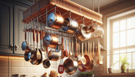 Kitchen interior with copper pots and pans. 3D Rendering
