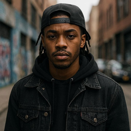 Portrait of a handsome african american man with dreadlocks wearing a cap and a black jacket