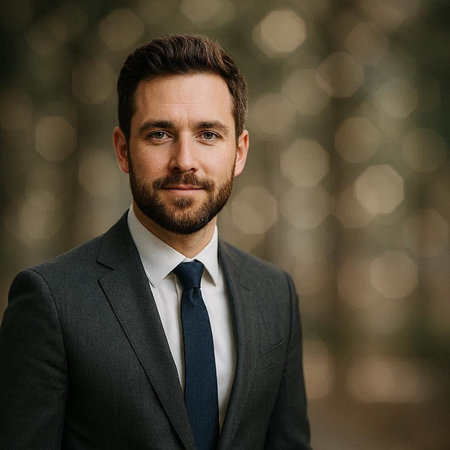 Portrait of a handsome man in a suit on a blurred background