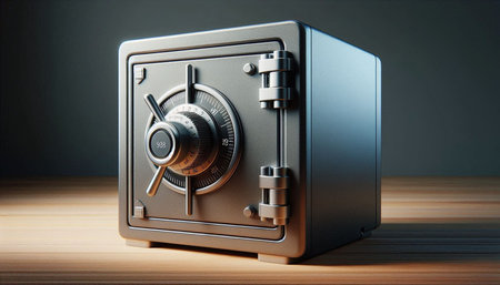 3d illustration of a metal safe with a combination lock on a wooden table