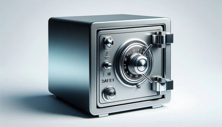 3D rendering of a metal safe with a combination lock on a white background
