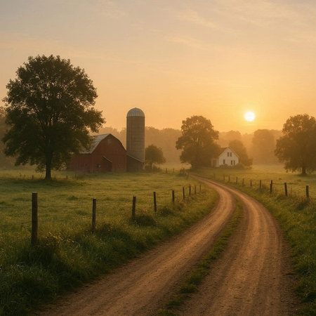 Rural dirt road through a farm with a silo and trees at sunrise
