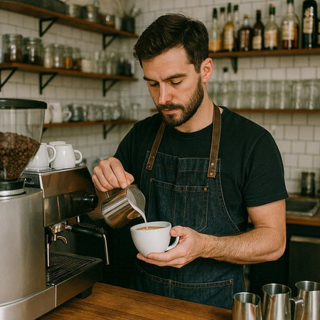 Handsome barista making cappuccino in coffee shop