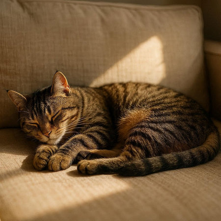 Cute tabby cat sleeping on a sofa in the rays of sunlight