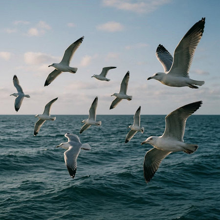 Seagulls flying in the blue sky over the sea.