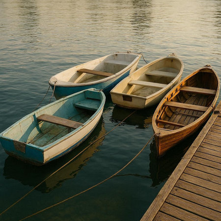Three old wooden boats on the pier in a lake at sunset.