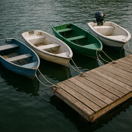 Wooden pier and rowboats on the lake. Selective focus.