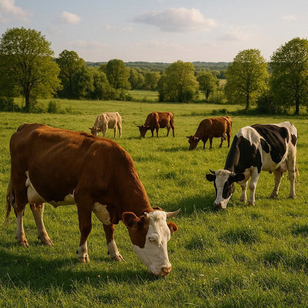 Herd of cows grazing on a green meadow in spring.