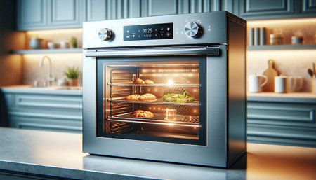 Close up of a modern oven in the kitchen. 3d rendering