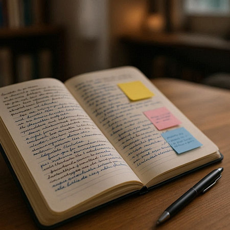 Notebook and pen on a wooden table in the library. Education concept.