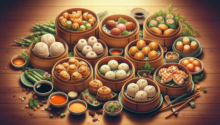 Variety of Chinese dim sum in bamboo basket on wooden background.
