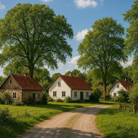 Countryside landscape with old houses, trees and a dirt road.