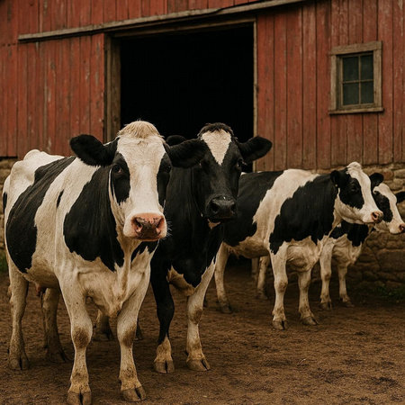 Herd of black and white holstein cows on a farm.