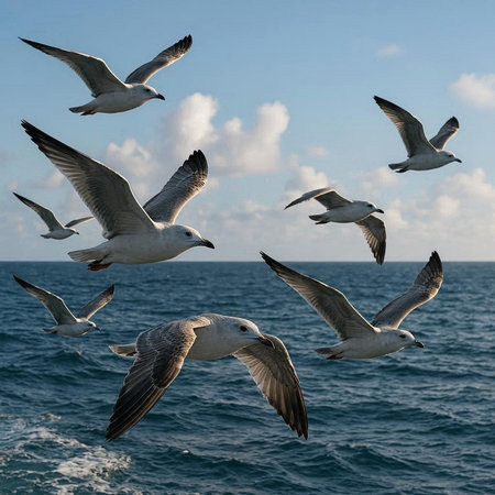 Seagulls flying in the blue sky on the sea background