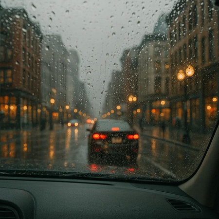 View from inside a car on a rainy day in the city.