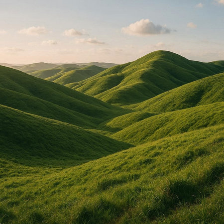 Green hills in the rays of the setting sun. Landscape.