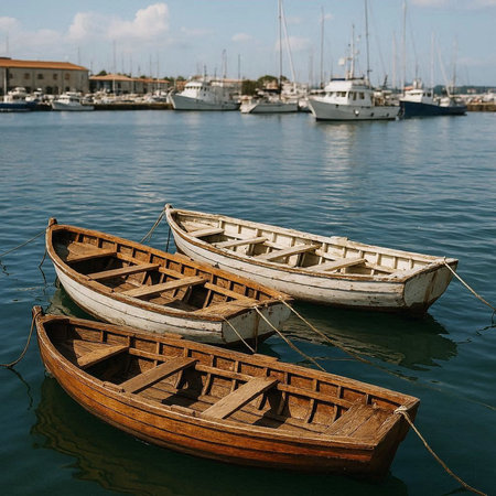 Three old wooden boats in the harbor of Rethymno Crete Greece