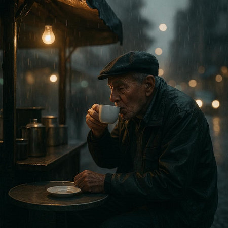 Elderly man drinking coffee in a cafe in the rain.