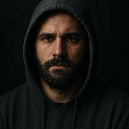 Portrait of a man with a beard in a hood on a black background