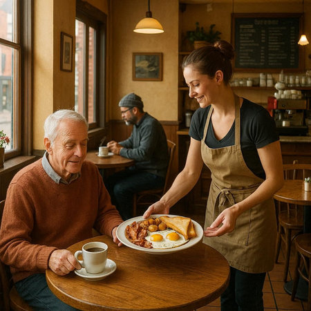 Elderly man having breakfast with his wife at a restaurant.