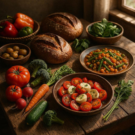 Vegetables salad with mozzarella and tomato on wooden table
