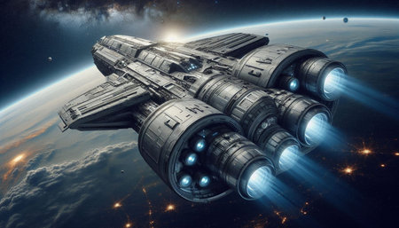 Spaceship flying in space. Science fiction. 3D rendering