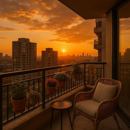 View of the sunset from the balcony of a modern apartment building.