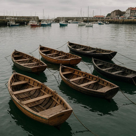 Wooden boats moored in the harbor of a small fishing village