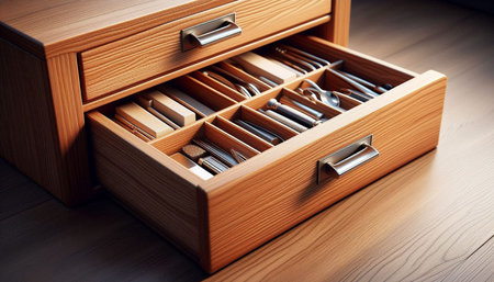 Wooden drawer with cutlery, close-up, selective focus