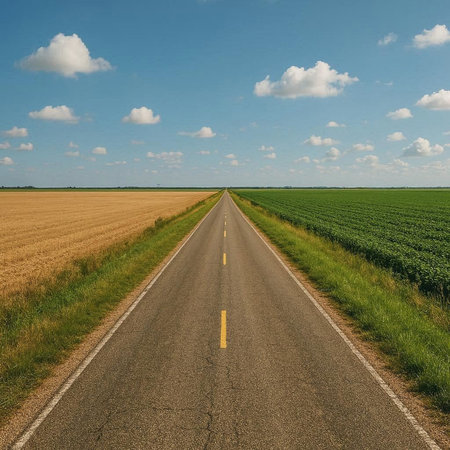 country road in the field with blue sky and white clouds - retro style