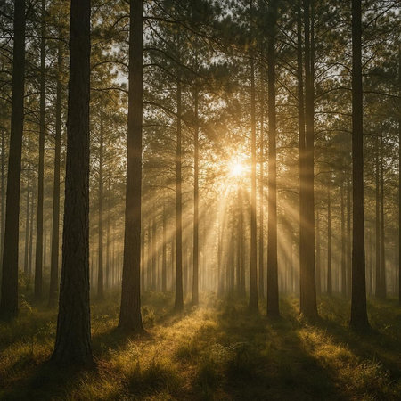 Sunset or sunrise in the pine forest with rays of light passing through the trees