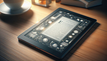 Tablet pc on a wooden table with books and a cup of coffee