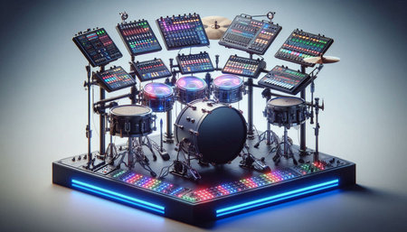 Drum set on stage with led lights. 3d illustration.