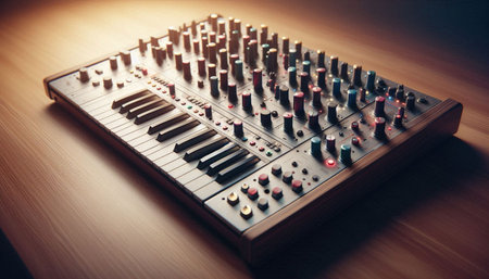 Close up of a mixing console on a wooden table. Selective focus