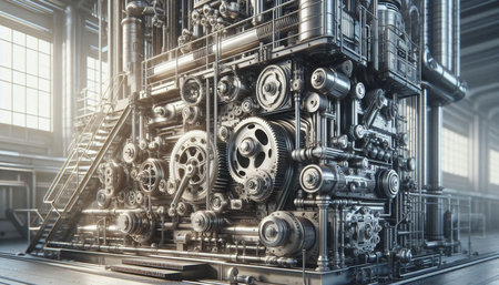 Industrial interior with gears and cogwheels. 3d rendering