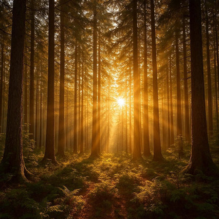 Sunset in the forest. Sunset in the forest. Sun rays through the trees.