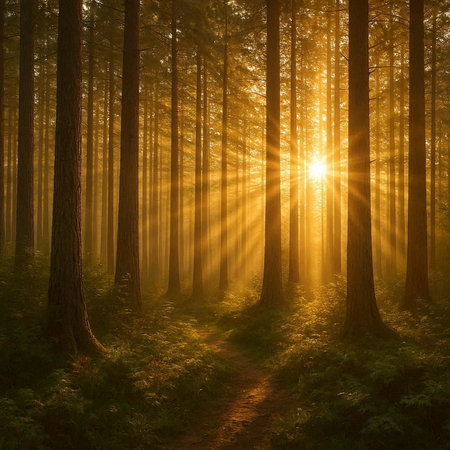 Sunset in the forest. Nature composition. Sun rays through the trees.