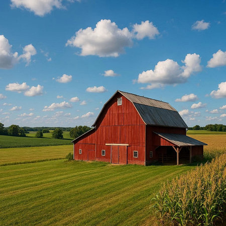 American Countryside with Red Barn and Blue Sky. Taken in Illinois, USA.