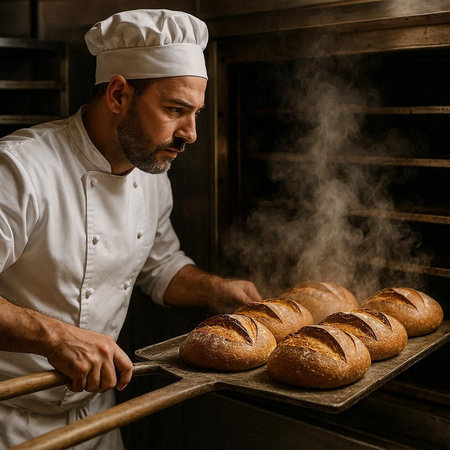 Handsome male baker holding tray with freshly baked bread in his bakery