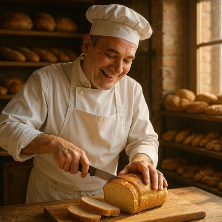 Chef cutting bread in bakery. Smiling mature baker cutting bread in bakery.