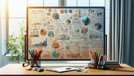 Computer screen with business charts and graphs on it. 3d rendering