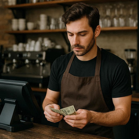handsome barista counting money in coffee shop, cashier counting dollars