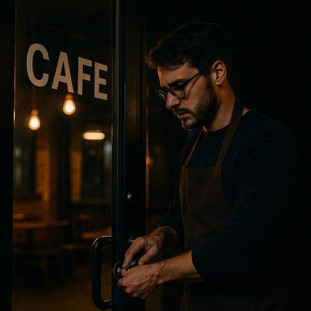 Portrait of a man in apron opening the door of cafe.