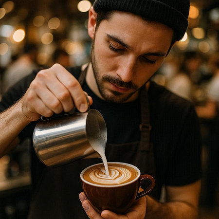 Close-up of a barista pouring milk in a cup of coffee.