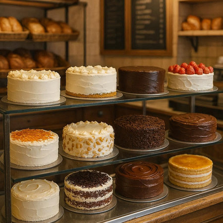 Assortment of cakes on display at the bakery shop. Selective focus.
