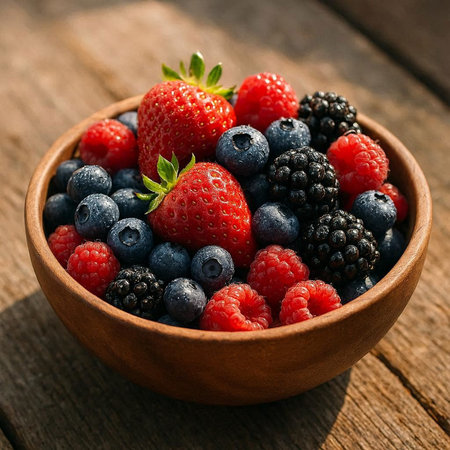 Berries in a wooden bowl on a rustic wooden table.