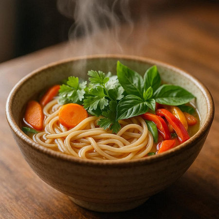 Bowl of noodles with vegetables and parsley on wooden table.