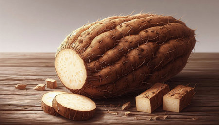 Whole and sliced taro on wooden table. Toned.
