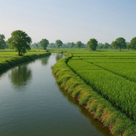 Rice field in the morning. Beautiful landscape with river and trees.